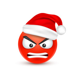 Smiley,emoticon. Red emoji, face with emotions and Christmas hat. New Year, Santa.Winter. Sad,happy,angry faces.Funny cartoon character.Mood. Vector.