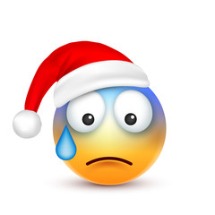Smiley,emoticon. Yellow emoji, face with emotions and Christmas hat. New Year, Santa.Winter. Sad,happy,angry faces.Funny cartoon character.Mood. Vector.