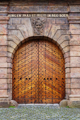 Old wooden gate part of the baroque fortification system of Prague known as the Marian Walls