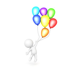  3D Character flying away holding many balloons