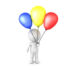 3D Character holding three colorful balloons