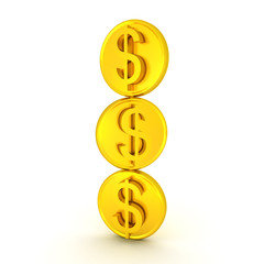 3D illustration of three golden dollar coins stacked on top of each other