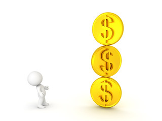 3D Character looking up at stack of three golden dollar coins