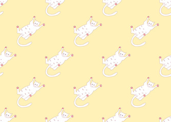 White Cute Cat Laying on Back Seamless Yellow Background