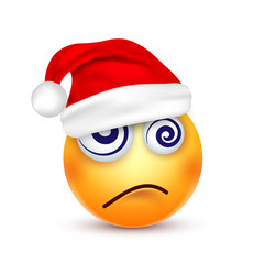Smiley,emoticon. Yellow emoji, face with emotions and Christmas hat. New Year, Santa.Winter. Sad,happy,angry faces.Funny cartoon character.Mood. Vector.