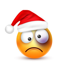 Smiley,emoticon. Yellow emoji, face with emotions and Christmas hat. New Year, Santa.Winter. Sad,happy,angry faces.Funny cartoon character.Mood. Vector.