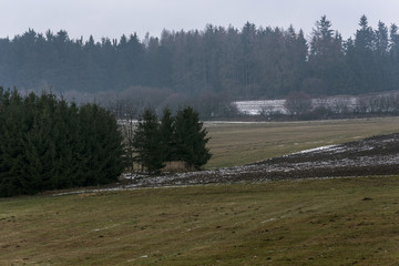 frozen meadows and a cropped field among the forests in the middle of winter