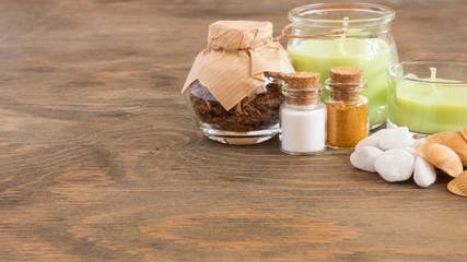 set ingredients and spice for aromatherapy and body care on wooden surface. SPA still life