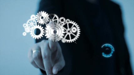 4K Hand of woman pusing with finger print hud head up display interface and UI graph bar
for futuristic technology and cyber concept