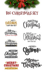Big vector set of christmas lettering and christmas tree board with bow