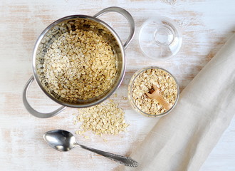 Vitamin Healthy Breakfast Oat Flakes with Milk White Background Porridge Glass Jar Useful Food