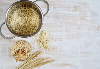 Vitamin Healthy Breakfast Oat Flakes with Milk White Background Porridge Glass Jar Useful Food