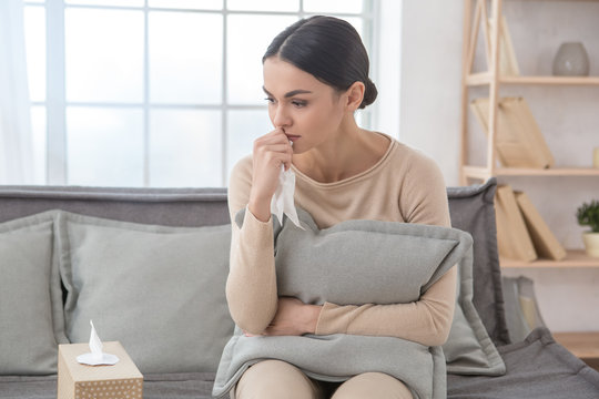 Woman Sitting Upset Psychology Session Mental Health Care