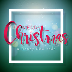 Merry Christmas and Happy New Year Illustration on Shiny Green Background with Typography and Holiday Elements, Vector EPS 10 design.
