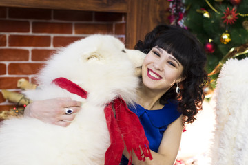 Beautiful girl with a big dog. A brunette girl in a blue dress at a Christmas tree with a big white dog is having fun.