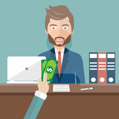 Bank teller sitting behind glass. Man clerk in a bank office receiving money. Flat vector illustration
