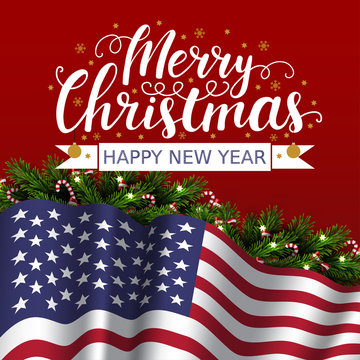 Vector christmas patriotic card with  tree, lettering and flag of USA. Merry Christmas and happy new year America