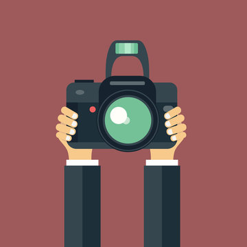 Illustration Of Hand Holding Camera. Concept For Journalism And Photography. Flat Vector Illustration