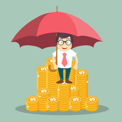 Money savings and money protection concepts. Businessman standing on top of gold coins and holding umbrella. Flat vector illustration