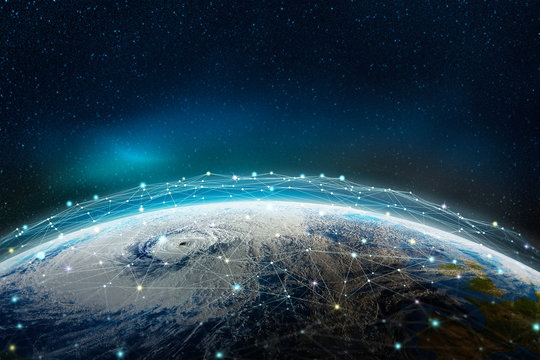 A global social, information network across the planet. The earth is surrounded by a web of digital data. Elements of this image furnished by NASA