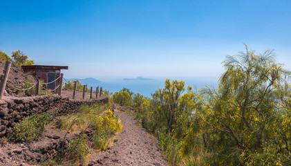 Panoramic view of Mount Vesuvius and Gulf of Naples on a summer hazy day, Campania, Italy, Europe