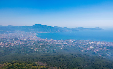 Panoramic view of Mount Vesuvius and Gulf of Naples on a summer hazy day, Campania, Italy, Europe