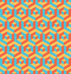 Abstract 3D background of isometric hexagonal shapes in retro colors. Vector seamless pattern design.