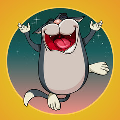 joyful cartoon gray cat fun singing in the night