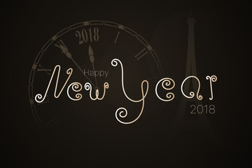 Fototapeta na wymiar Happy New Year - 2018. Lettering in trendy colors with old retro clock and Eiffel tower from Paris.