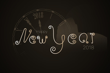 Happy New Year - 2018. Lettering in trendy colors with old retro clock and Colosseum from Rome.