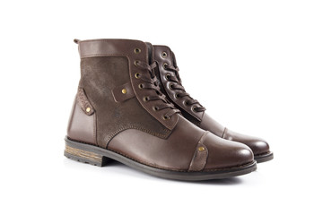 Male brown leather boot on white background, isolated product, comfortable footwear.