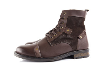 Male brown leather boot on white background, isolated product, comfortable footwear.