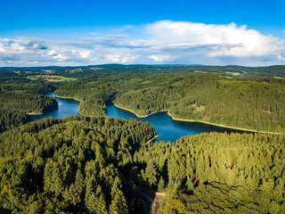 Aerial view of the Genkeltalsperre (Genkel dam). The Genkeltalsperre (Genkel dam) is a pure drinking water dam and is located in the urban areas of Gummersbach and Meinerzhagen.