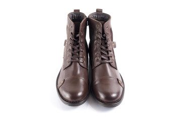 Male brown leather boot on white background, isolated product, comfortable footwear.