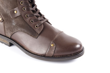 Male brown leather boot on white background, isolated product, comfortable footwear.