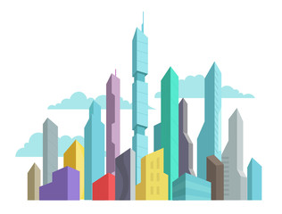 Obraz premium Future invented city skyscraper panorama high-rise buildings vector stock colorful illustration. Modern architecture landscape.