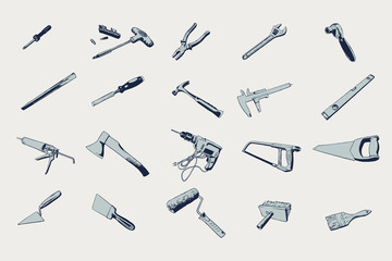Stock vector illustration set isolated icons building tools repair, construction buildings. Adjustable wrench, ax, bit screwdriver, brush, calipes, chrisel, drill, hacksaw, hummer, key ratchet, level.