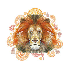Watercolor drawing of an animal of a mammal, a predator of a red lion, a red mane, a lion-king of beasts, a portrait of greatness, strength, kingdom, india, Indian patterns, with elements of a Turkish