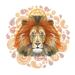 Watercolor drawing of an animal of a mammal, a predator of a red lion, a red mane, a lion-king of beasts, a portrait of greatness, strength, kingdom, india, Indian patterns, with elements of a Turkish