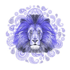 Watercolor drawing of animal mammal of predator blue lion, blue mane, lion-king of beasts, portrait of majesty, strength, kingdom, india, indian patterns, with elements of turkish cucumber on white ba