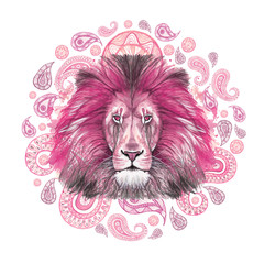 Watercolor drawing of an animal mammal of a predator pink lion, pink mane, lion-king of beasts, portrait of greatness, strength, kingdom, india, Indian patterns, with elements of a Turkish cucumber on