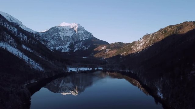 aerial flight over winter landscape in ebensee