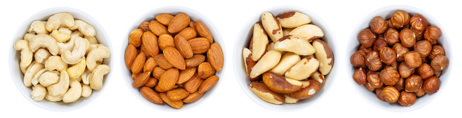 Nüsse Nuss Sammlung in einer Reihe von oben isoliert freigestellt Freisteller