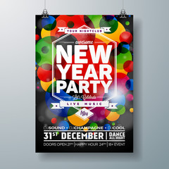 New Year Party Celebration Poster Template illustration with 3d 2018 Text and Disco Ball on Shiny Colorful Background. Vector EPS 10 design.