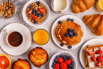 Delicious breakfast on a light table.