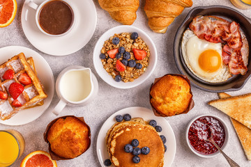 Delicious breakfast on a light table.