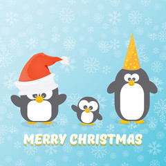 vector merry christmas card with penguins set on blue background with falling snowflakes. cartoon funny penguins