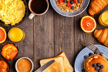 Delicious breakfast on a rustic table.
