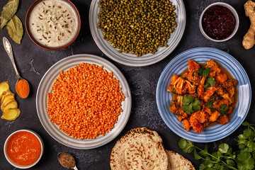 Traditional Indian curry with lentils, mung beans.