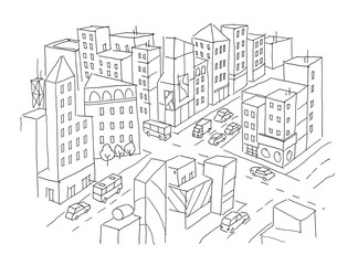 City street Intersection sketch. Traffic road view. Cars end buildings top view. Hand drawn vector stock line illustration.
